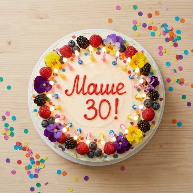 Праздничный торт с надписью кремом «Маше 30!», свечи, конфетти, вид сверху на светлом столе.