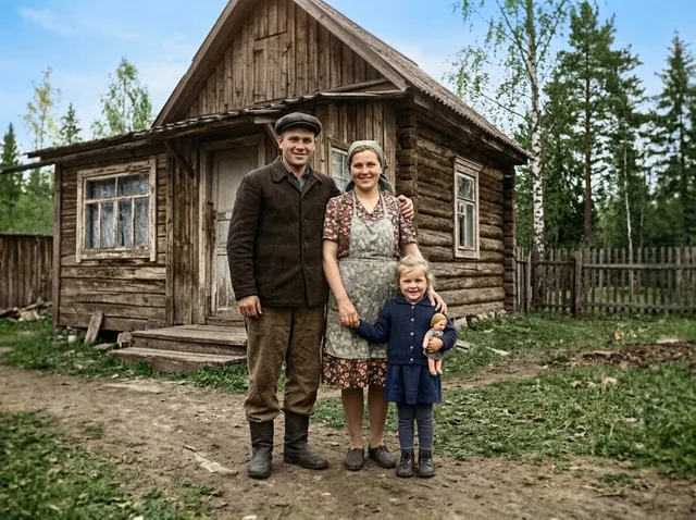 Отреставрируй фотографию: убери заломы, царапины и пятна, раскрась её в естественные цвета. Лица людей сохрани.