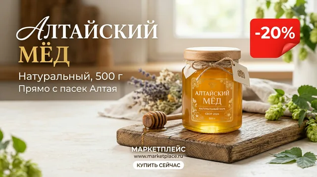 Рекламный баннер для маркетплейса: банка мёда на деревянной доске, надписи «Алтайский мёд», «Натуральный, 500 г» и «−20…