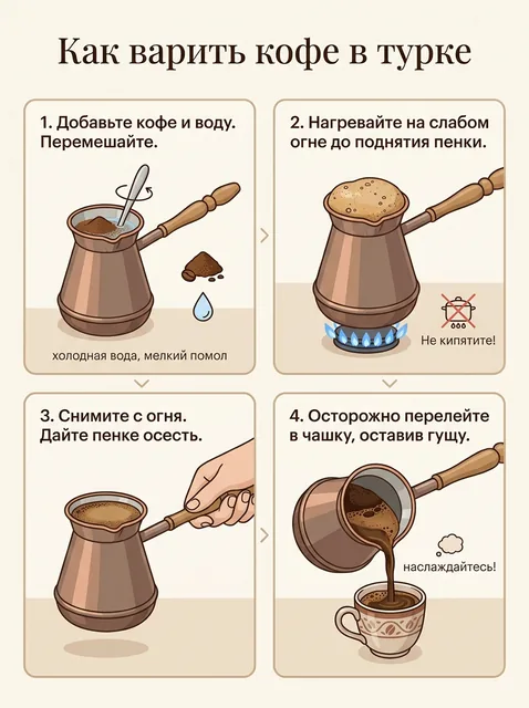 Инфографика на русском языке «Как заварить кофе в турке»: четыре шага с иконками и подписями, светлый фон, аккуратная т…