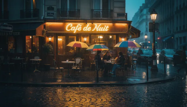 Уличное кафе в Париже под дождём, вывеска «Café de Nuit», люди под зонтами, огни отражаются на брусчатке. Кинематографи…