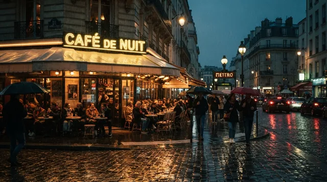 Уличное кафе в Париже под дождём, вывеска «Café de Nuit», люди под зонтами, огни отражаются на брусчатке. Кинематографи…
