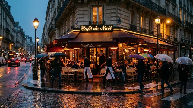 Уличное кафе в Париже под дождём, вывеска «Café de Nuit», люди под зонтами, огни отражаются на брусчатке. Кинематографи…