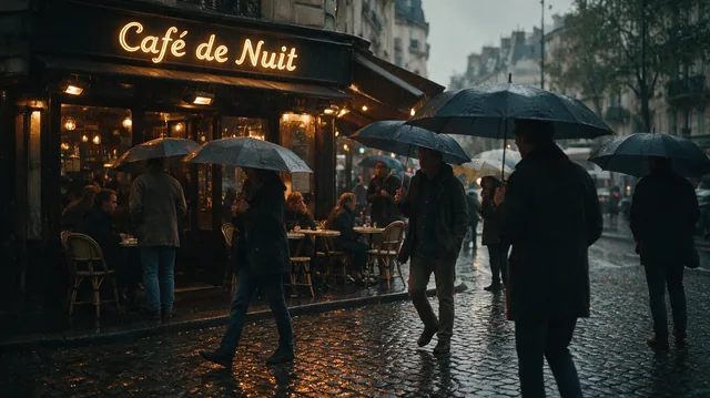 Уличное кафе в Париже под дождём, вывеска «Café de Nuit», люди под зонтами, огни отражаются на брусчатке. Кинематографи…